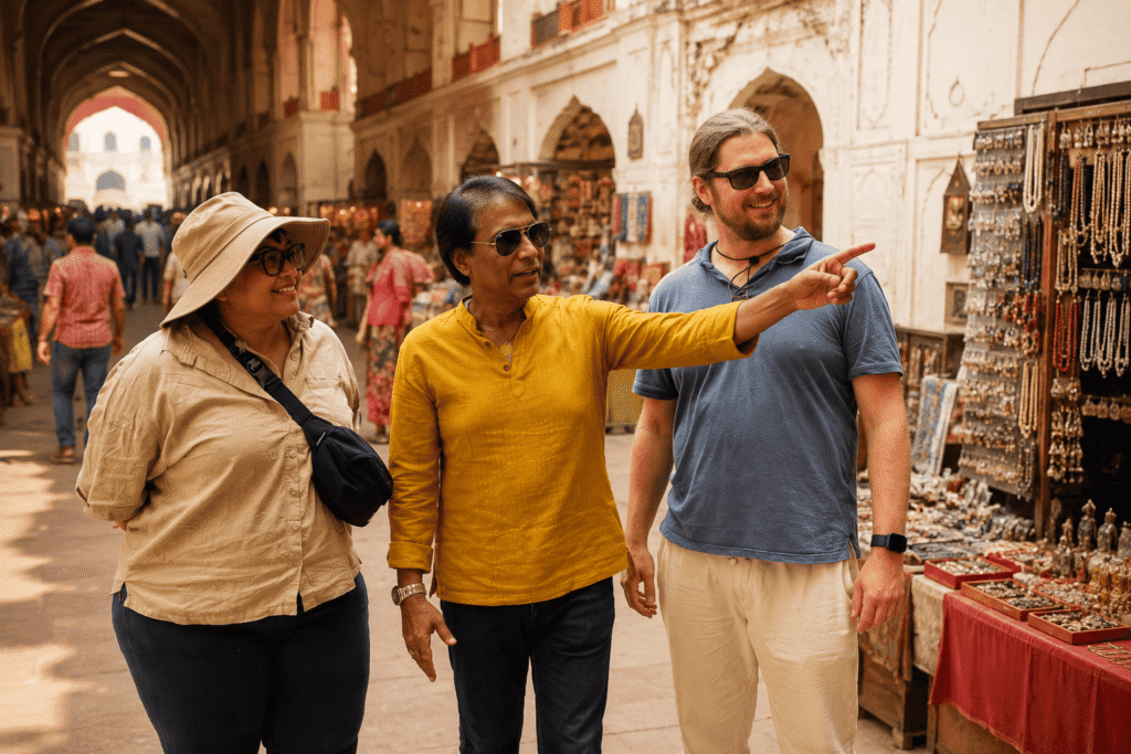 A Canadian couple walking with Red Fort Tour Guide: Exploring Meena bazaar, listening stories of Historic Mughal Palaces with great interest 