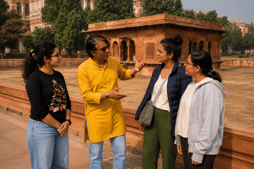 Three young girls interestingly listening the story from Red Fort Tour Guide: the Historic Mughal Palaces and garden