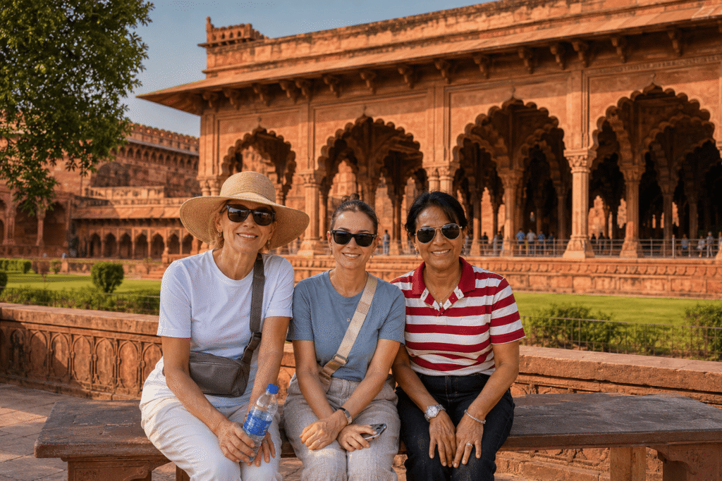 Two American lady tourist book Red Fort Tour Guide: to Explore Historic Mughal Palaces with history and stories