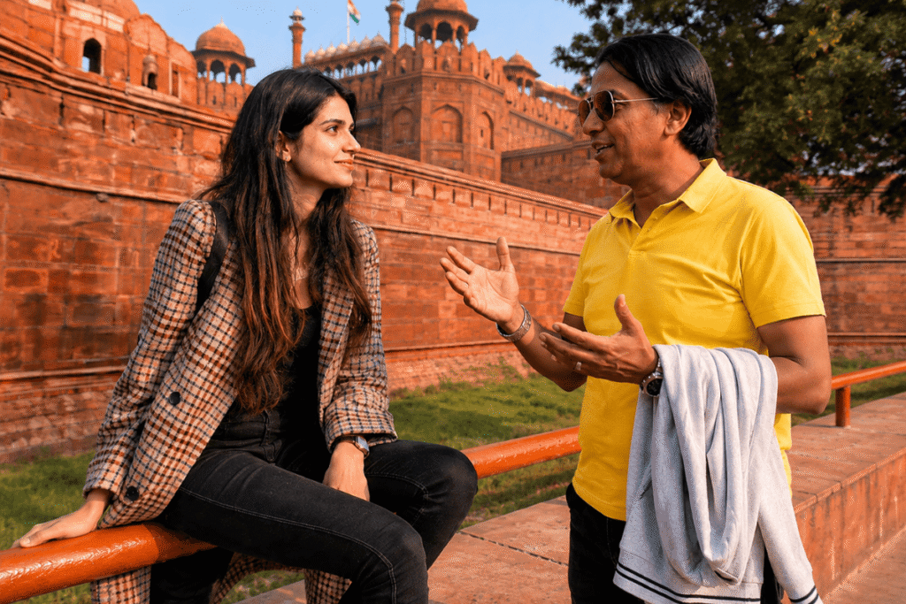 A young tourist listening history stories from a Red Fort Tour Guide: Exploring  Historic Mughal Palaces 