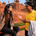 Red Fort Tour Guide: Explore Historic Mughal Palaces with a Storyteller A young tourist listening history stories from a Red Fort Tour Guide: Exploring Historic Mughal Palaces