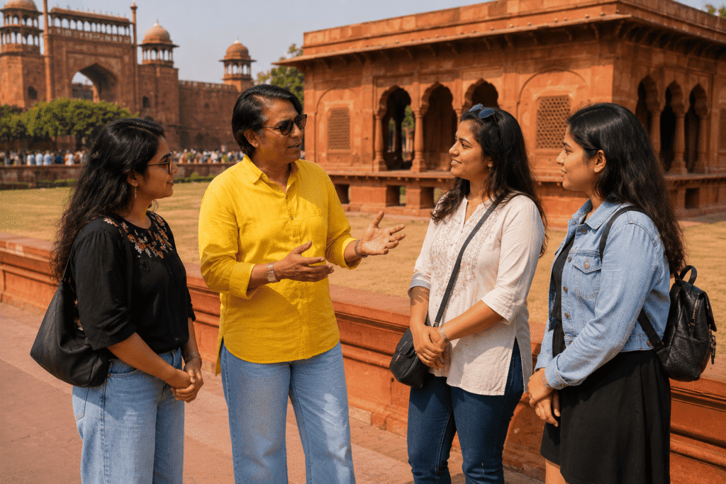 Red Fort Tour Guide: Explore Red Fort With Entrance & Private Guide | Go With Harry 5 Red Fort tour guide showing Zafar Mahal and Hayaat Baksh garden to young ladies