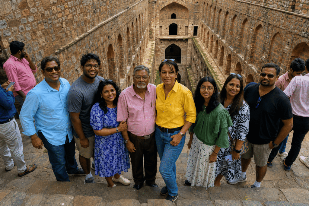 Delhi tour guide exploring the Agrasen ki Baoli haunted story near Barakhamba Metro Station with a smiling group on the ancient stepwell stairs