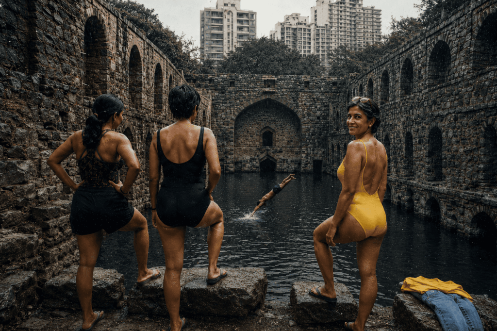 Swimming and diving into the flooded dark water at the Agrasen ki Baoli haunted story site near Barakhamba Metro Station