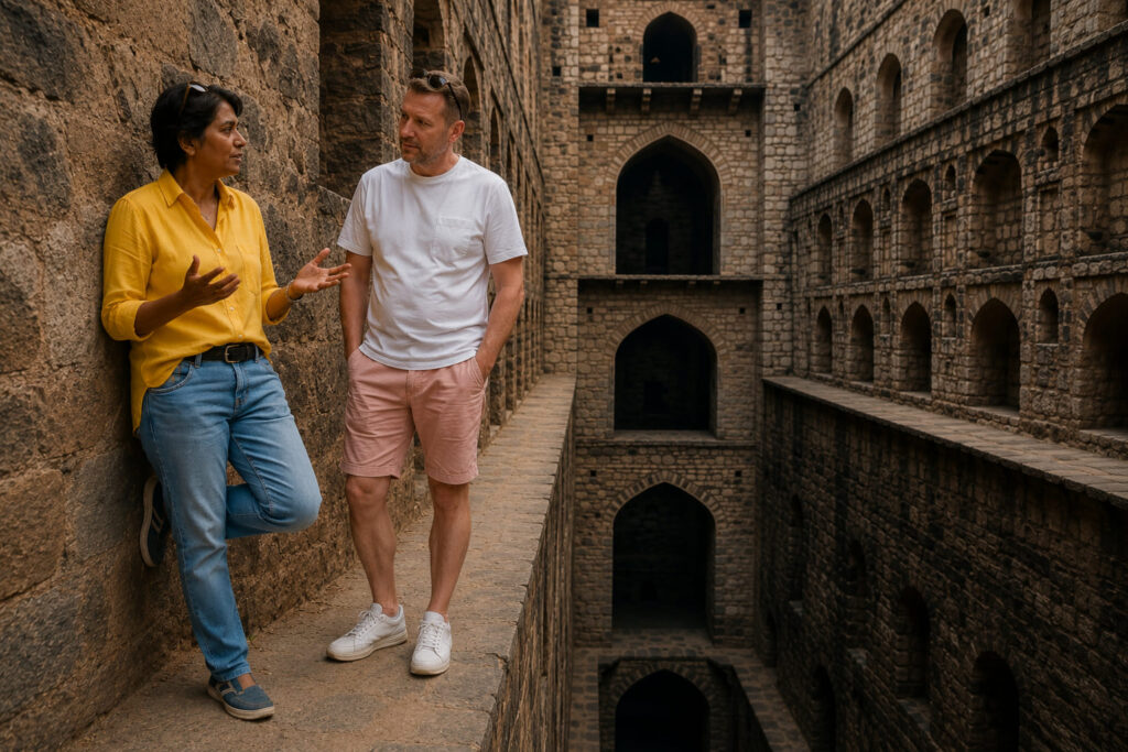 Delhi tour guide telling an Agrasen ki Baoli haunted story near Barakhamba Metro Station to David at the ancient stepwell