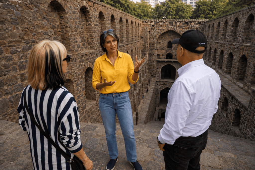Delhi tour guide exploring the Agrasen ki Baoli haunted story near Barakhamba Metro Station with a smiling group on the ancient stepwell stairs