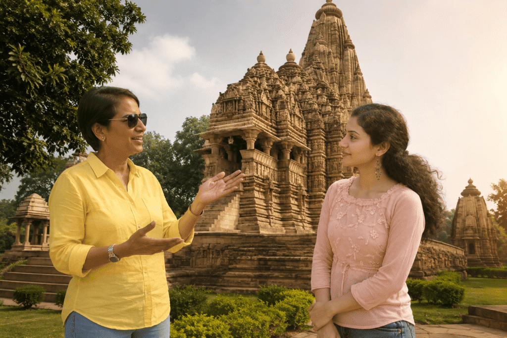 Maya exploring the Chandela temples in Khajuraho with her tour guide Harry