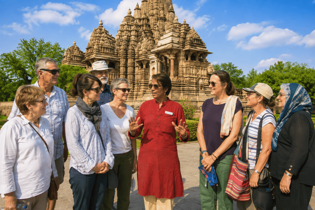 Canadian travelers exploring Khajuraho temples with their Khajuraho tour guide Harry