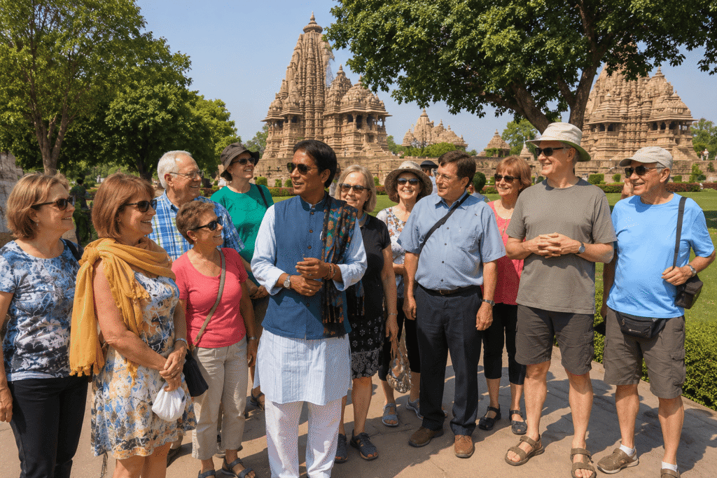 American travelers exploring Khajuraho temples with their Khajuraho tour guide Harry
