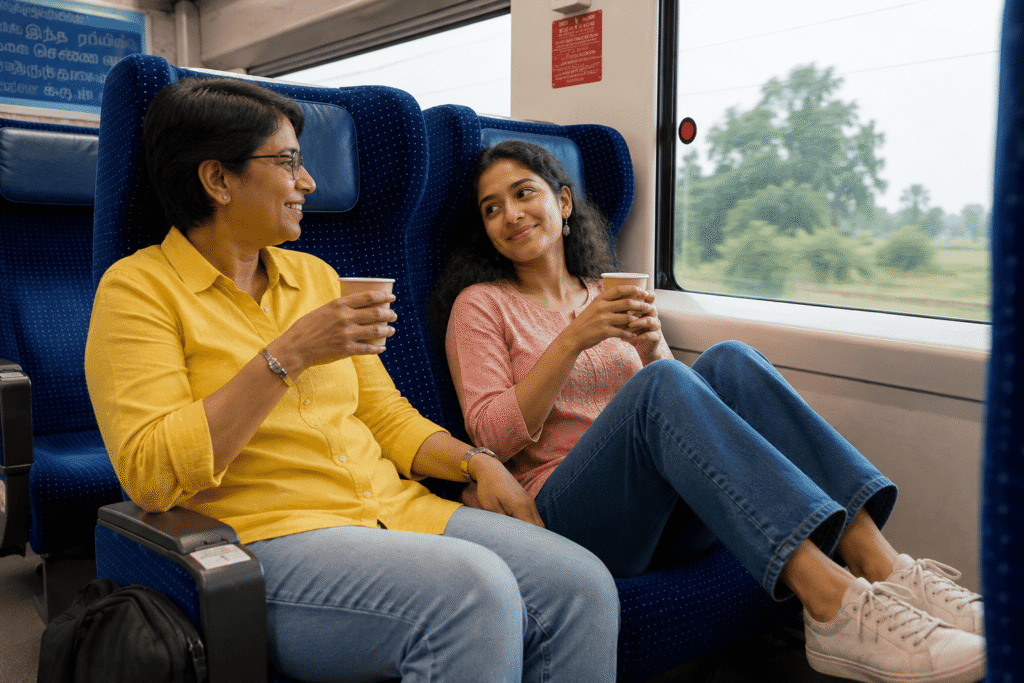 Maya travelling with her Khajuraho tour guide on Vande Bharat Express from Delhi