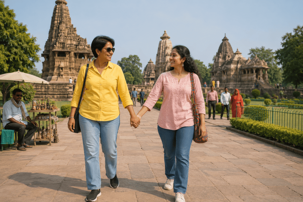 Maya walking with Harry through the Khajuraho temple complex and exploring its other Chandela temples
