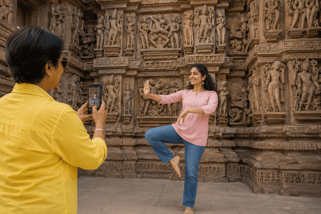 Maya practicing a yoga pose beside the sculpted walls of a Khajuraho temple