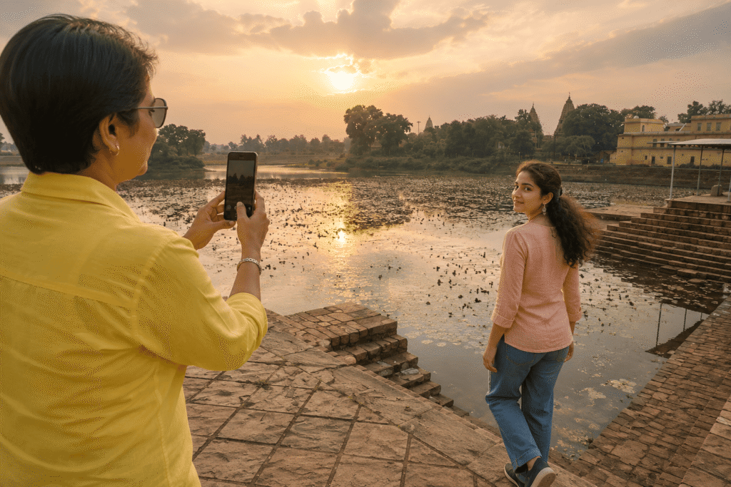 Maya listening to Harry narrate the legend of Hemavati at a historic pond in Khajuraho