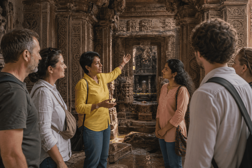 Khajuraho tour guide Harry explaining Chandela temple architecture to Maya and travelers