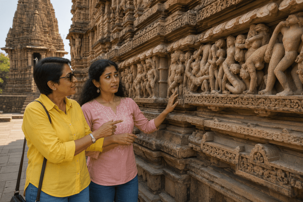 Harry explaining the intricate sculptures of a Chandela temple to Maya in Khajuraho