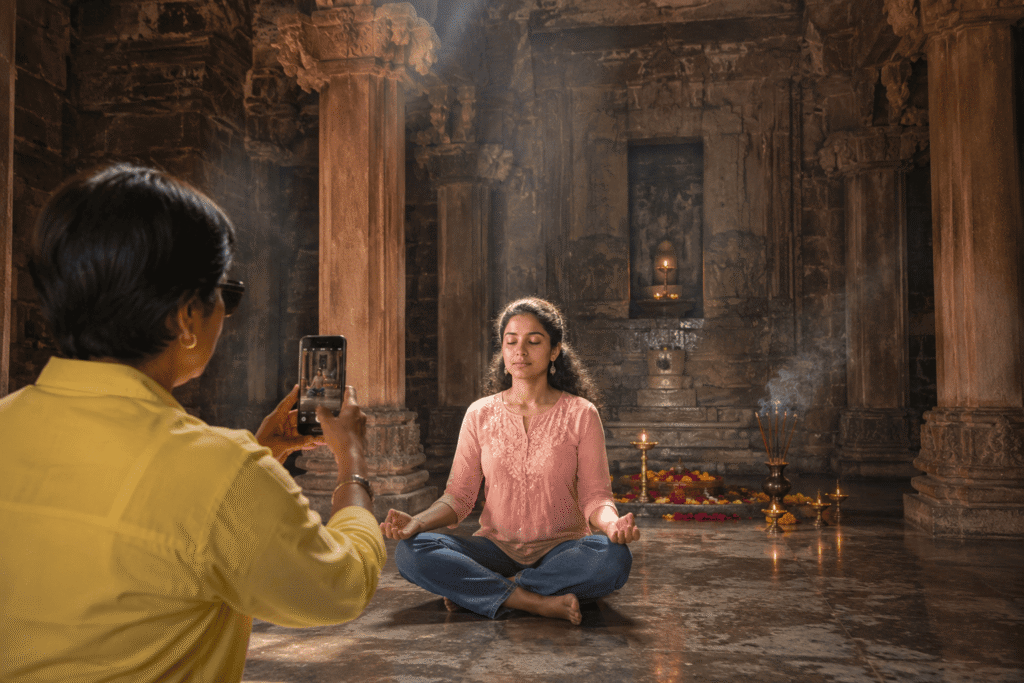 Maya practicing meditation inside a Khajuraho temple during her spiritual journey