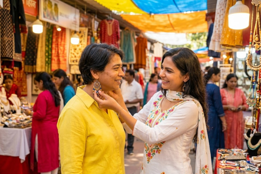 Couple shopping for handmade earrings at Dilli Haat INA metro station  in Delhi while exploring Indian handicrafts, jewellery, and artisan stalls.