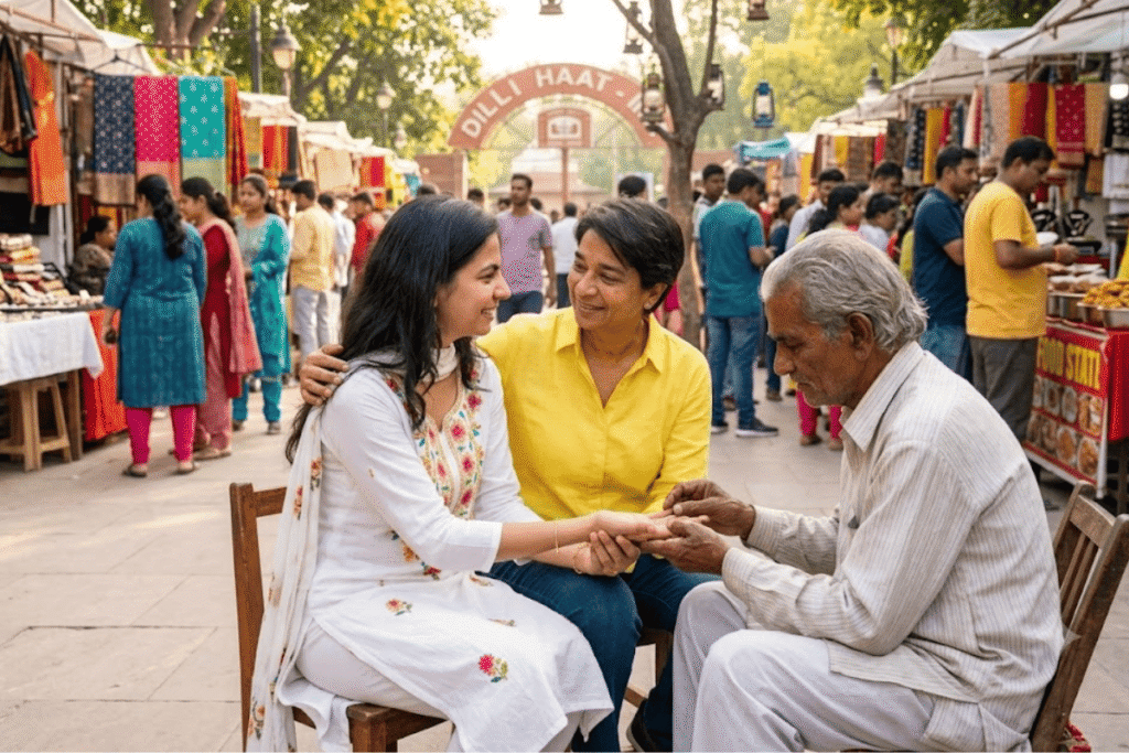 Palmist reading Maya's hand during a romantic day at Dilli Haat INA, Delhi's famous handicrafts market for shopping, food and cultural experiences.