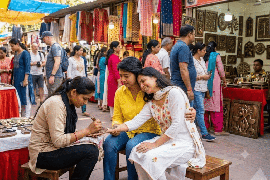 Maya getting traditional Mehndi at Dilli Haat INA while Harry watches, enjoying Delhi's famous handicrafts market, shopping, and cultural experiences.