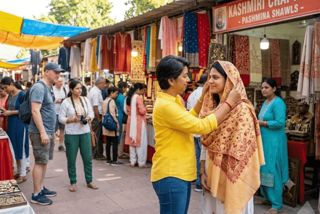 Harry draping a handmade Kashmiri Pashmina shawl over Maya at Dilli Haat INA, Delhi's famous handicrafts market for authentic shopping and souvenirs.