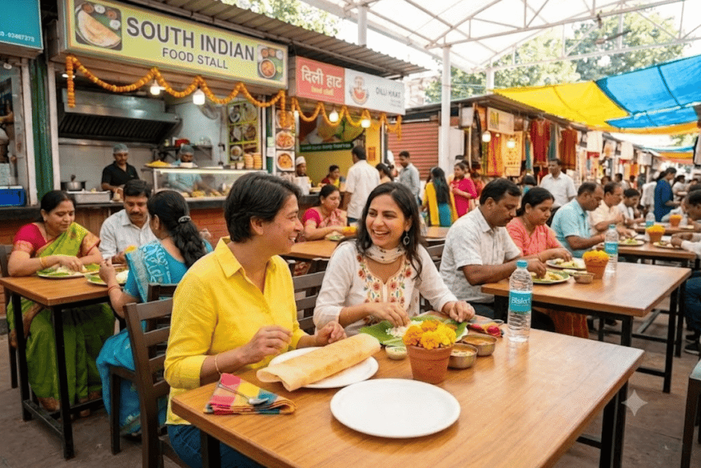 Harry and Maya enjoying authentic South Indian food at the Dilli Haat INA metro station food court, one of the best places in Delhi to taste regional Indian cuisine.