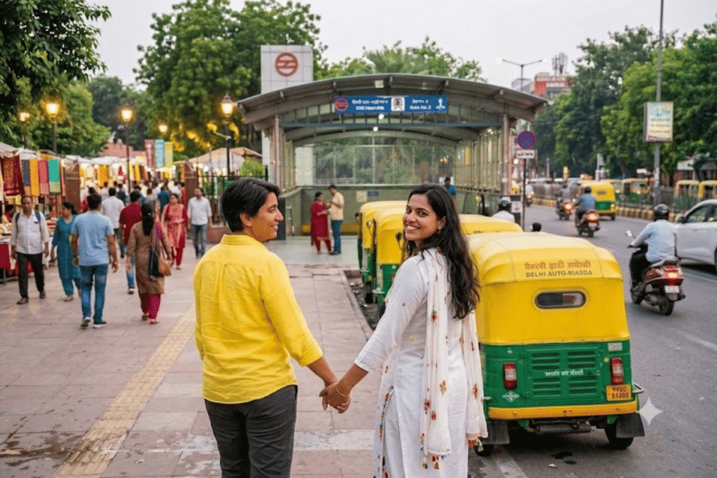 Harry and Maya walking hand in hand towards Dilli Haat INA Metro Station after a memorable day of shopping, food, and cultural experiences in Delhi.