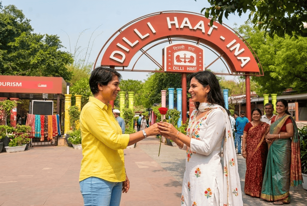 Harry welcomes Maya with a red rose outside Dilli Haat INA metro station  one of the most romantic places to visit in Delhi for couples, shopping and regional food.