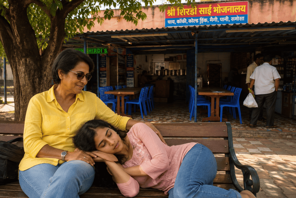 Maya resting beside Harry at a roadside café after listening to his Khajuraho temple stories