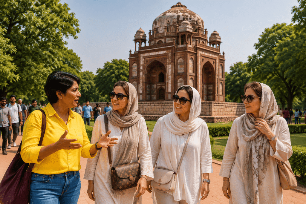 Humayun tomb Tour guide is with International tourists telling the story of 1590 The Barber 'tomb  A tour guide pointing out the unique architectural features of the Barber's Tomb located in the southeastern quadrant of the complex.