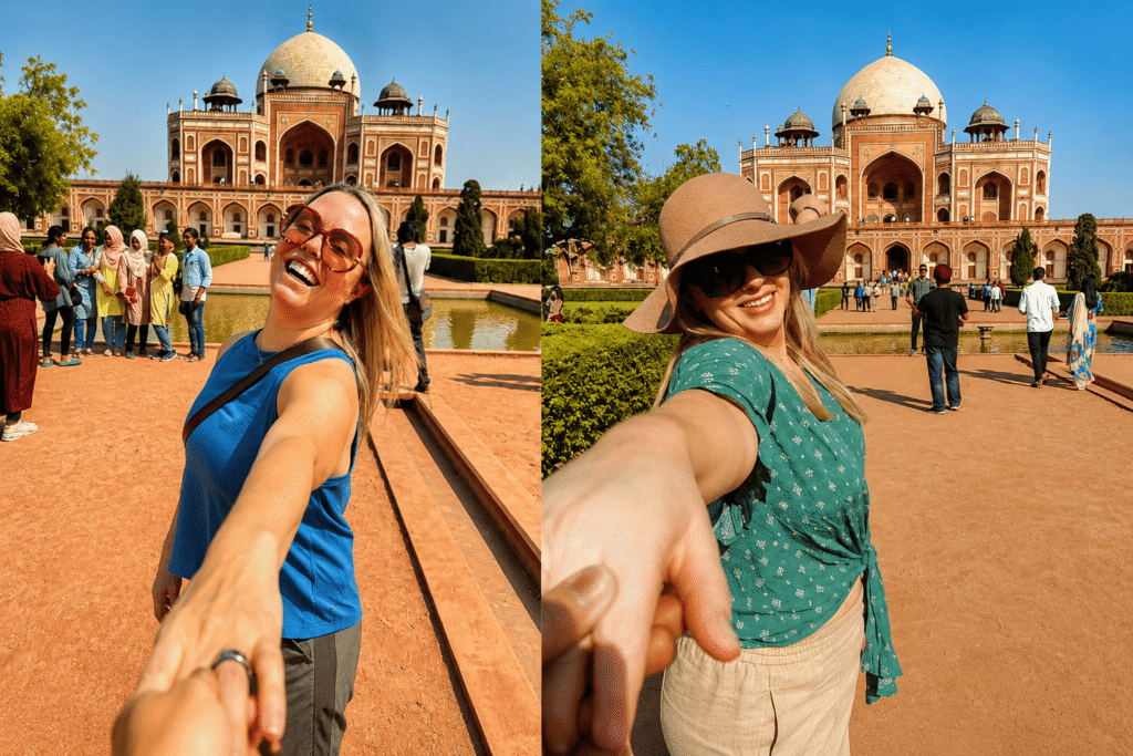 A smiling tour guide taking a fun group selfie with a cheerful family of tourists, with the glowing white marble double dome perfectly framed in the background.