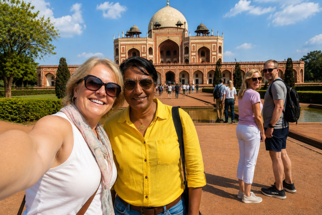 A cinematic wide shot of the red sandstone architecture and white marble dome of the monument, showcasing the symmetry that a Humayun tomb tour guide explains to visitors.