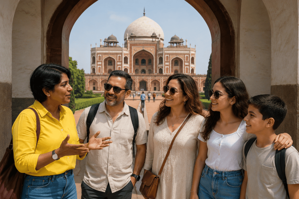 A passionate Delhi tour guide animatedly sharing royal historical narratives with international travelers in front of the grand arches of the Mughal mausoleum.