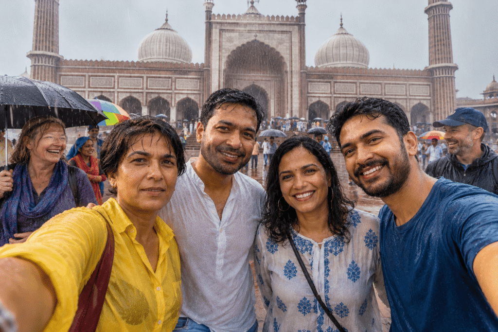 Jama Masjid Tour Guide – History, Timings & Best Experience 7 Dramatic wide shot of the red sandstone structures and domes of Jama Masjid in rains with wet reflections across the vast open courtyard.