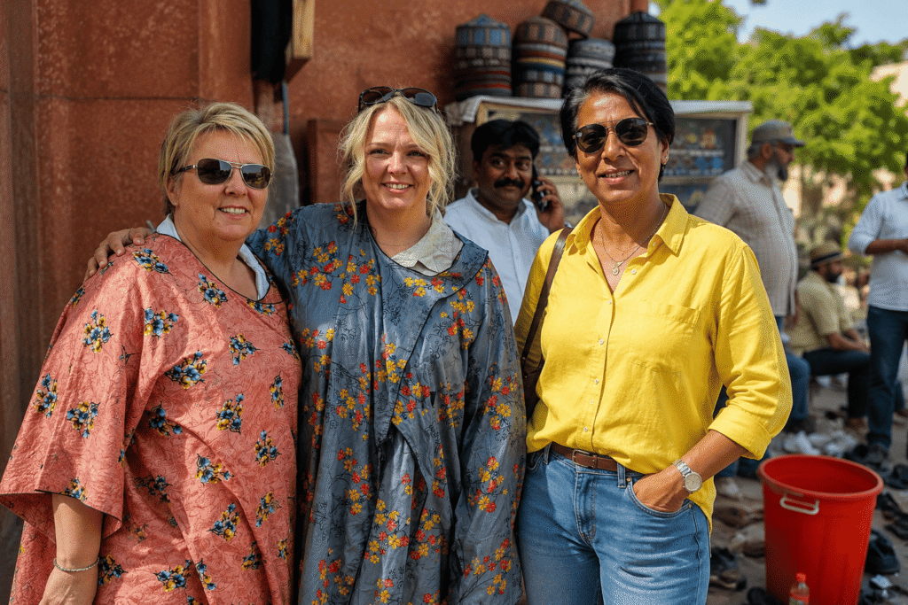 Jama Masjid Tour Guide – History, Timings & Best Experience 3 Tourists entering the main gates of the mosque with a Jama Masjid tour guide to check timings and entry fees.