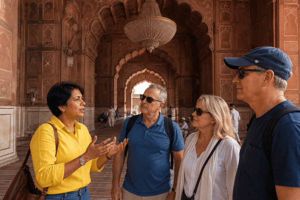 Jama Masjid Tour Guide – History, Timings & Best Experience 6 Devotees praying inside the prayer gallery holy arch at Jama Masjid beneath a massive hanging chandelier and intricate Islamic stone carvings.