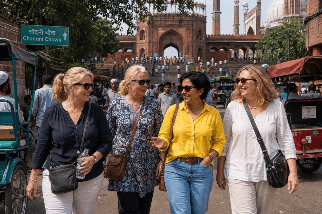 Jama Masjid Tour Guide – History, Timings & Best Experience 9 A professional local guide sharing heritage stories with smiling international tourists on a comprehensive Jama Masjid tour guide walk.