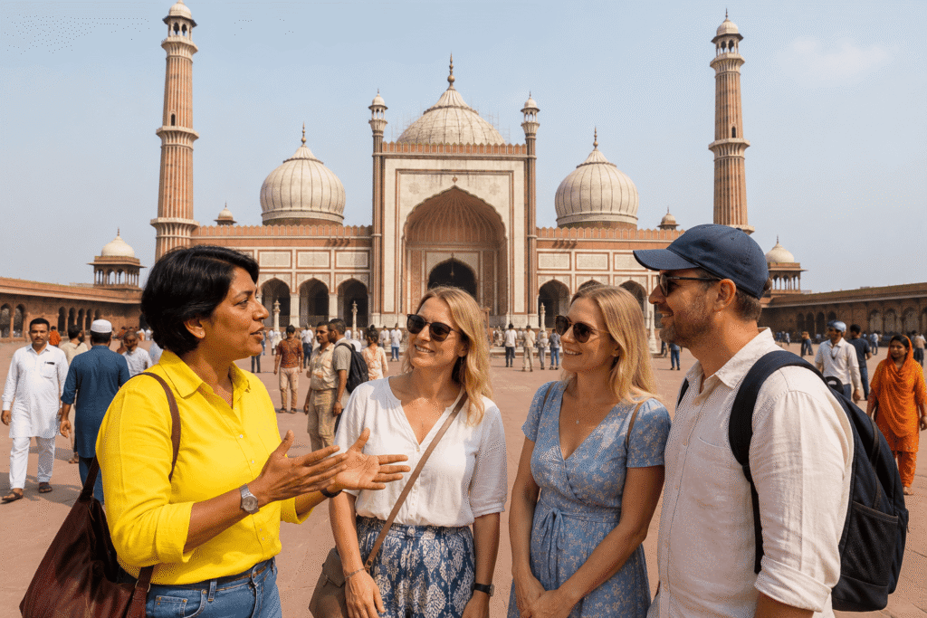 Jama Masjid Tour Guide – History, Timings & Best Experience 2 Intricate Mughal architectural carvings on the central archway highlighted by a Jama Masjid tour guide.