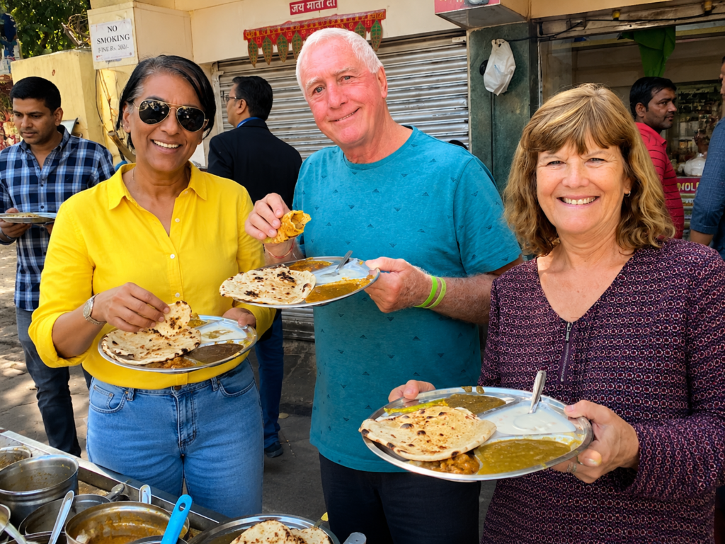 International guests enjoying a Delhi Food Tour with Harry while tasting authentic parathas in Chandni Chowk, Old Delhi.