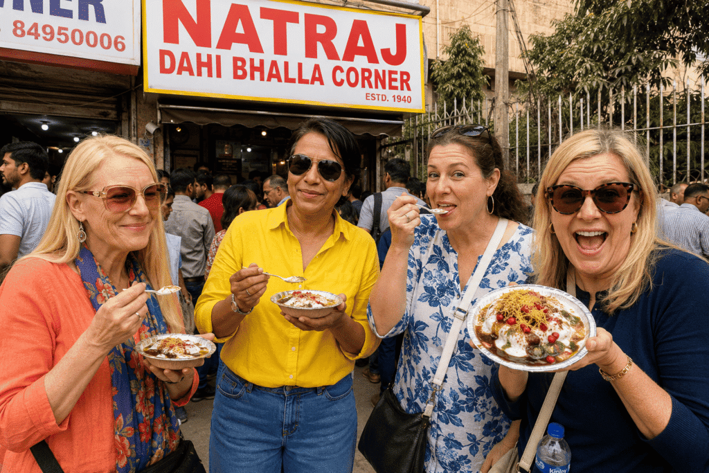 Harry introducing international guests to Dahi Bhalla Chaat at the famous Natraj Dahi Bhalla Corner during a Delhi Street Food Tour in Chandni Chowk.