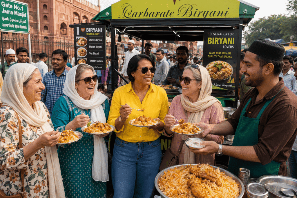 International guests enjoying authentic Old Delhi Biryani with Harry during a Delhi Street Food Tour near Jama Masjid.