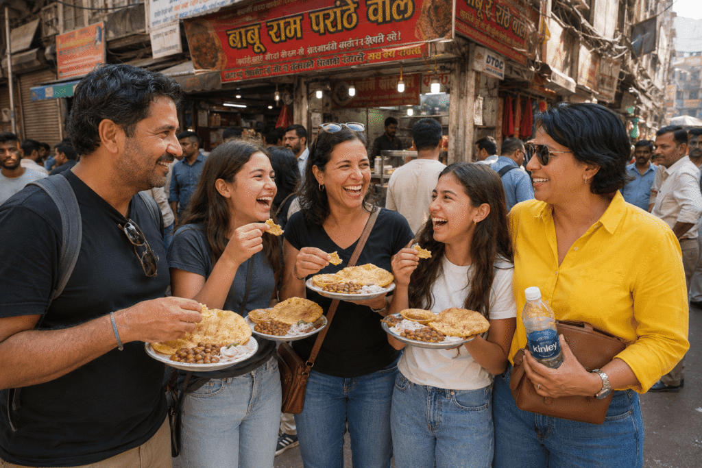Mexican family enjoying Chole Bhature with Harry during a Delhi Food Tour in Chandni Chowk, Old Delhi.