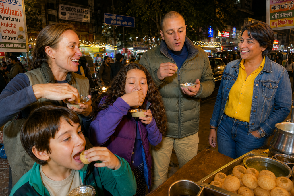 Family enjoying Gol Gappe during Harry's Delhi Food Tour at a popular street food stall in Old Delhi.