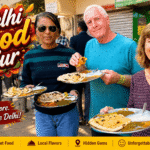 Street Food in Delhi: Explore the Best Delhi Food Tour with a Local Guide International guests enjoying a Delhi Street Food Tour with Harry while tasting authentic parathas in Chandni Chowk, Old Delhi.