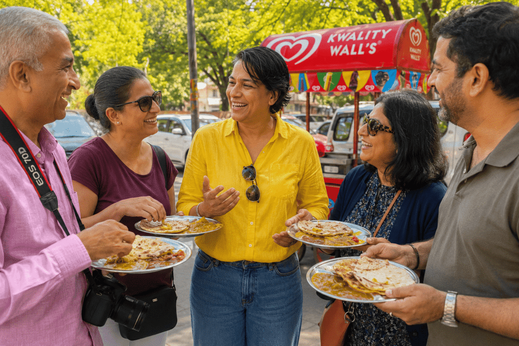 Harry guiding international guests on a private Delhi Food Tour while enjoying authentic street food in Old Delhi.