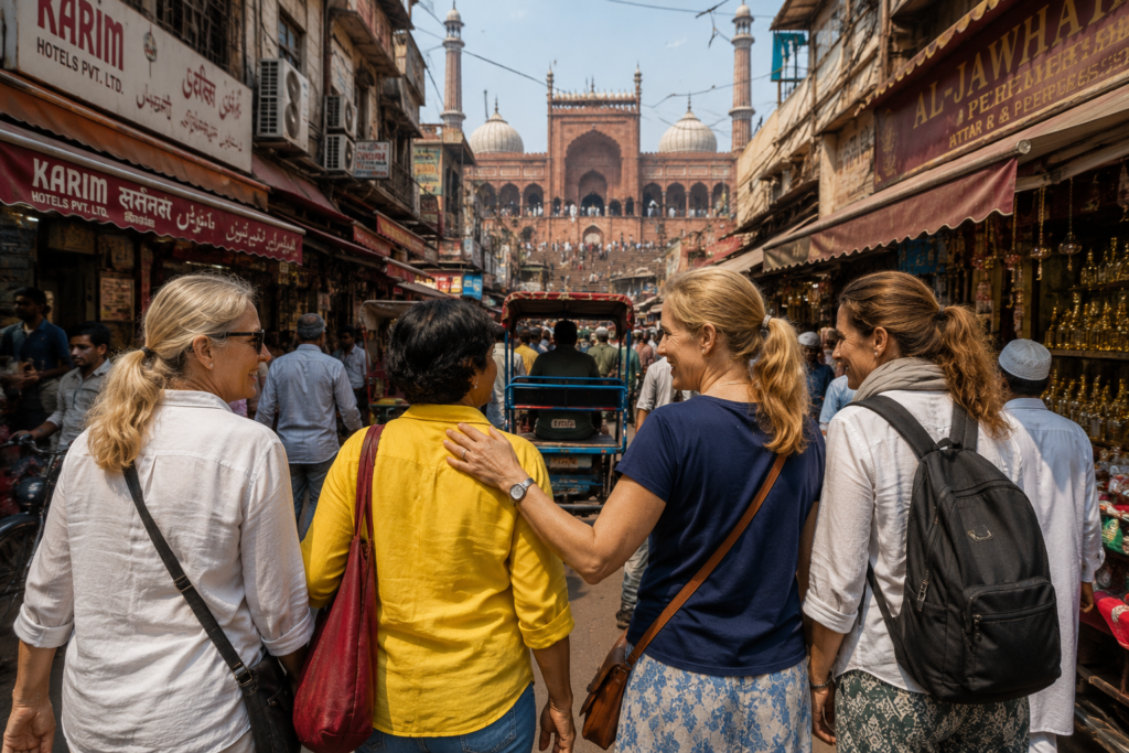 International travelers walking across Chandni chowk bazaar towards Jama Masjid during a Delhi Temple tour with a local guide.