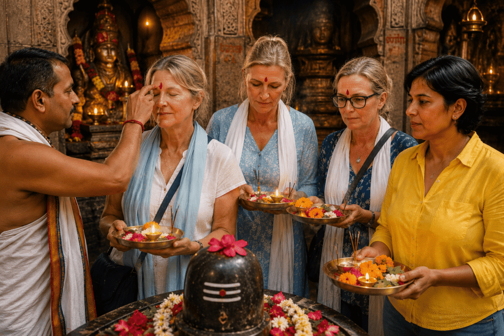 A Hindu priest applying a traditional red tilak blessing onto the forehead of international tourists holding prayer offerings during a personalized Delhi Temple tour with a local guide.