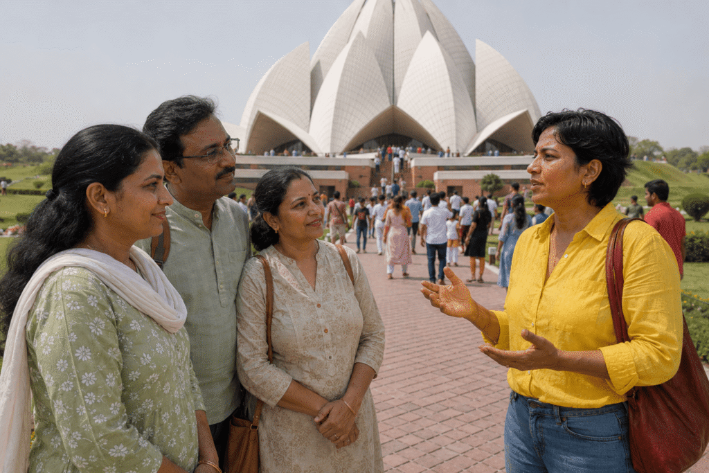 The white marble petals of the Lotus Temple surrounded by blue ponds during a peaceful Delhi Temple tour with a local guide.