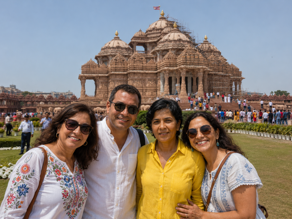 The massive, ornately carved stone spires of Akshardham Temple reflecting in the waters during a comprehensive Delhi Temple tour with a local guide.