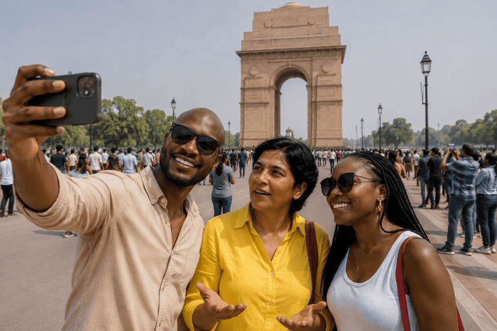 International travelers taking a photo in front of the stone archway of India Gate during a custom Delhi Temple tour with a local guide.