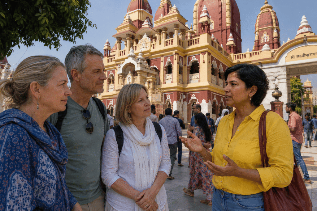 A local heritage guide explaining Hindu mythology to international tourists standing in front of the ornate red and yellow spires of the Laxmi Narayan Temple during a private Delhi Temple tour with a local guide.